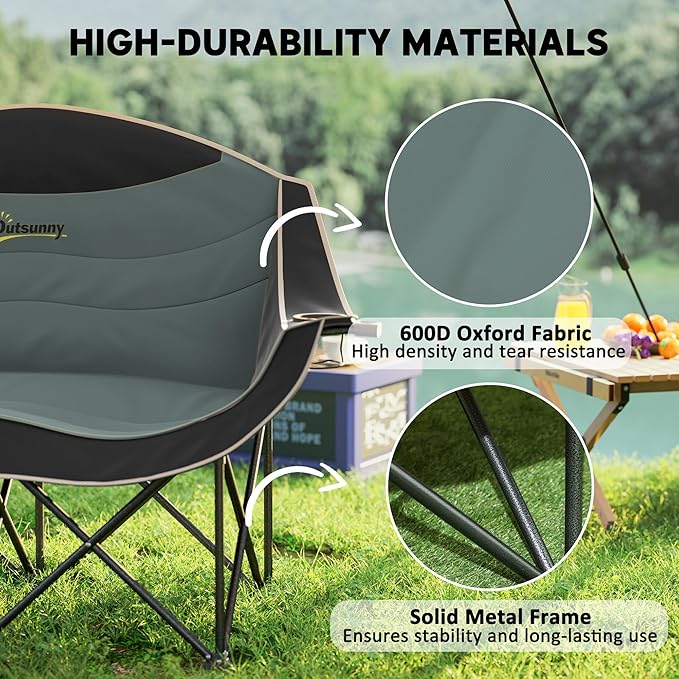 Outsunny Double Camping Chair for Adults, Padded Folding Camp Chair for 2 Person with Armrest, Wine Glass Holder, Cup Holder, Carry Bag for Outdoor Sports, Picnics, Supports up to 552 lbs.