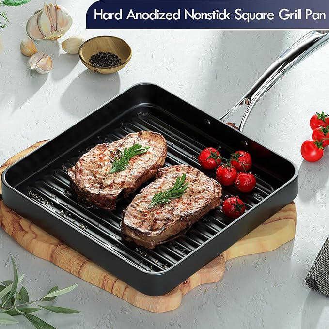 Cooks Standard Nonstick Square Grill Pan 11 x 11-Inch, Hard Anodized Grilling Skillet Pan Cookware for Camping, Home Use