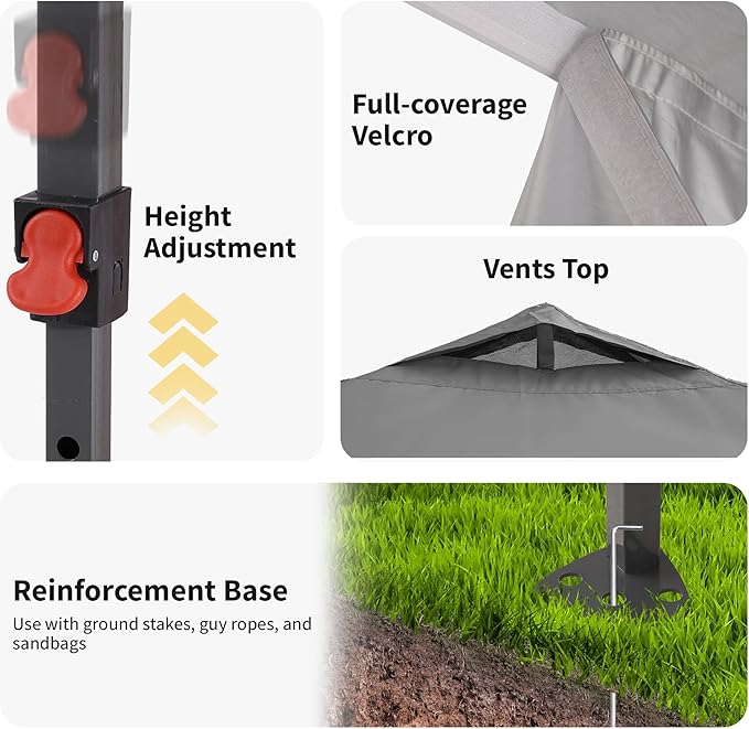 GDY 12x12FT Outdoor Pop Up Canopy Tent with One Push Setup, Easy Setup Gazebo with 4 PVC Transparent Sidewalls for Patio, Parties, Camping, Gray.