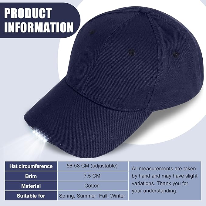 Coume Baseball Cap with Light Rechargeable LED Hat with USB Cable and Battery, Full Cotton Adjustable Headlamp Hat for Fishing Jogging Camping Hand Work(Navy Blue)