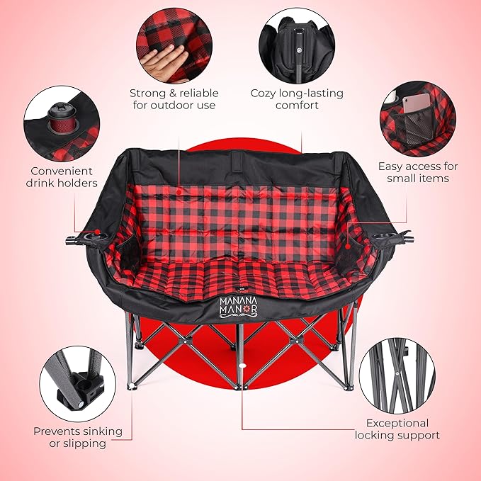 Double Camping Chair - Up to 650lbs - 2 Person Portable & Foldable Extra Padded Camping Couch - Cup Holder & Carry Bag Included - for Patio, Beach, Lawn, RV, Camping, Tailgate