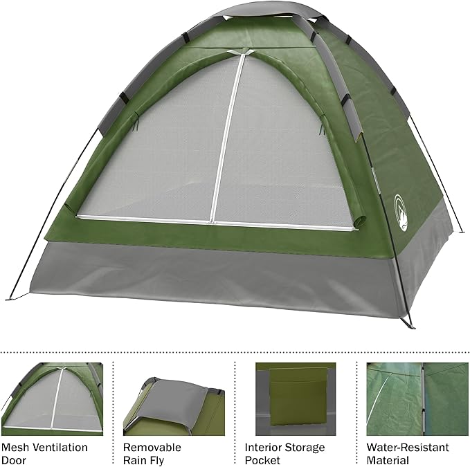 Wakeman Tents 2-Person Tent with Removable Rain Fly and Carry Bag - Comes with Camping Lantern with Fan - Weather-Resistant Camping Accessories by Wakeman