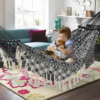 2 Person Hammock with Pillow,Indoor Hammocks with Portable Carry Bag Deluxe Macrame Fringe,Curved Spreader Bar,Side Pocket,Polycotton Fabric,Up to 450Lbs for Patio,Porch,Backyard,Beach,Outdoor