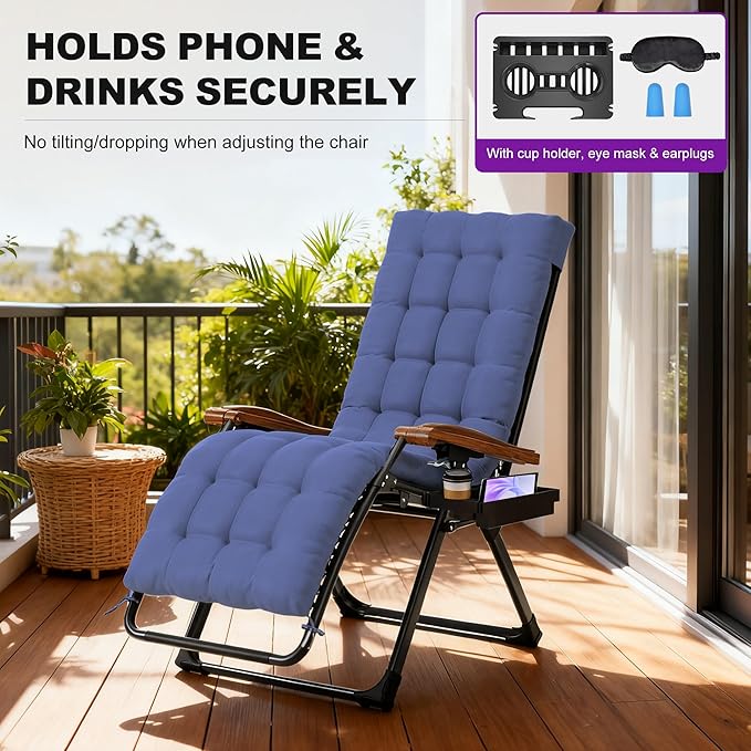 PURPLE LEAF Extra Wide Outdoor Reclining Chair Patio Zero Gravity Chaise Lounge Folding Chair with Removable Cushion Adjustable Headrest for Lawn Camping Beach Pool Navy Blue