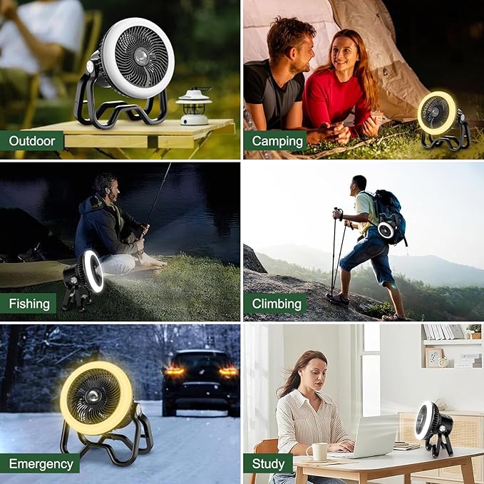 Camping Fan Rechargeable Camping Lantern-40Hrs,20000mAh Cordless Battery Operated Oscillating Fan Light with Remote,Hanging Hook and Magnetic Base, for Tents, Outdoor, RV, Outage（Black）