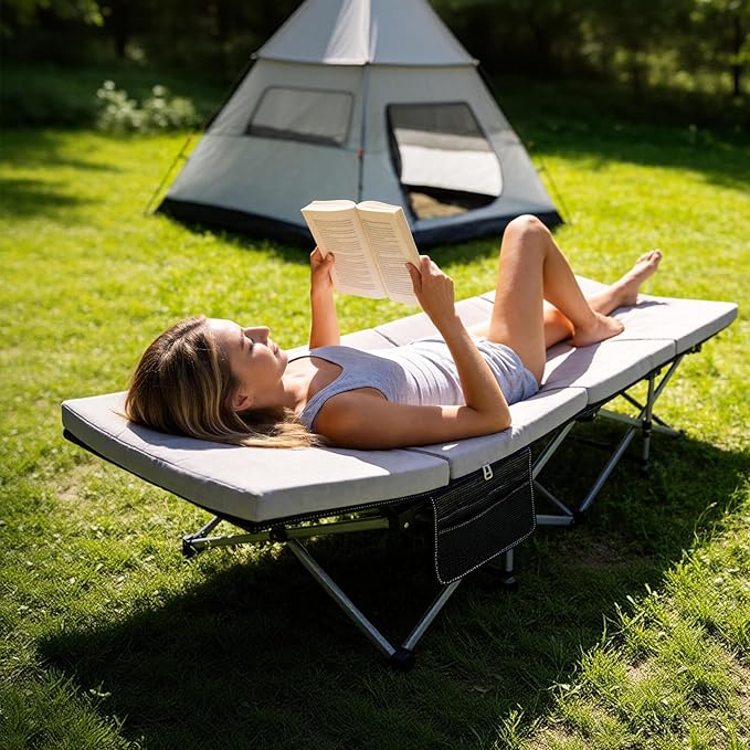 ABORON Camping Cot with 2in Memory Foam Trifold Mattress, 900LBS Heavy Duty Sleeping Cot for Adults, Extra Wide Sleeping Cot, 1200D Double Layer Oxford Cot for Camping, Guest, Office Nap