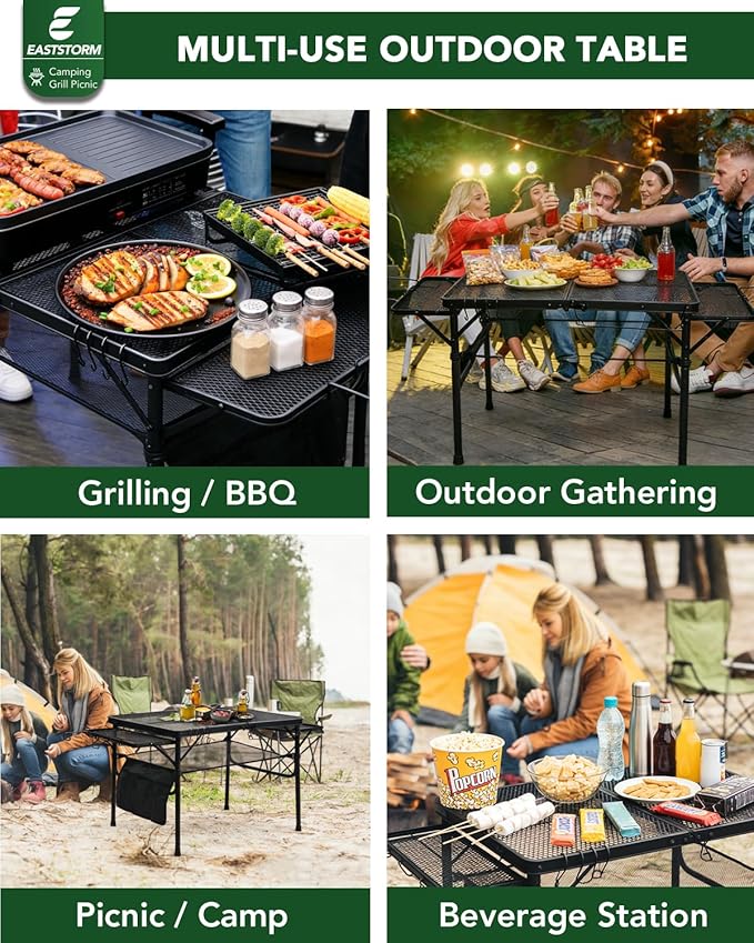 3ft Folding Camping Table with Wing Panels, Adjustable Height Metal Grill Prep Table with Storage Net, Paper Towel Holder, Hooks, Trash Bag Rack for BBQ, RV, Picnic, Portable Grill