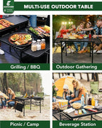 3ft Folding Camping Table with Wing Panels, Adjustable Height Metal Grill Prep Table with Storage Net, Paper Towel Holder, Hooks, Trash Bag Rack for BBQ, RV, Picnic, Portable Grill