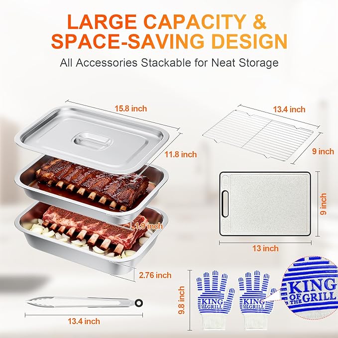 7-Piece Grill Prep and Serving Tray Set, Stainless Steel BBQ Marinating Container with Lid, Cutting Board, Wire Rack, Tongs & Heat Resistant Gloves, Stackable Large Meat Pan for Camping & Tailgating