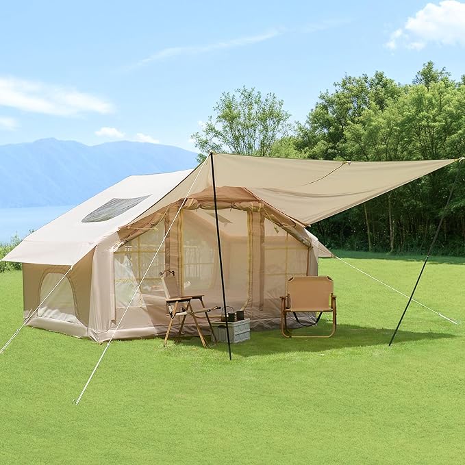 KEIKI Oxford Hot Tent for Camping, 2/3/4/6/8 Person Large Inflatable Tents w/Detachable Canopy, 4 Season Waterproof Tent for Hike Backpacking, Stove Jack AC Port, Mesh Doors Windows, Pump, Easy Setup