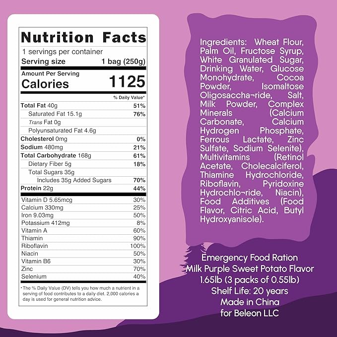 Emergency Food Supply - Milk Purple Sweet Potato Survival Ration - 20 Years Shelf Life - 3 Days