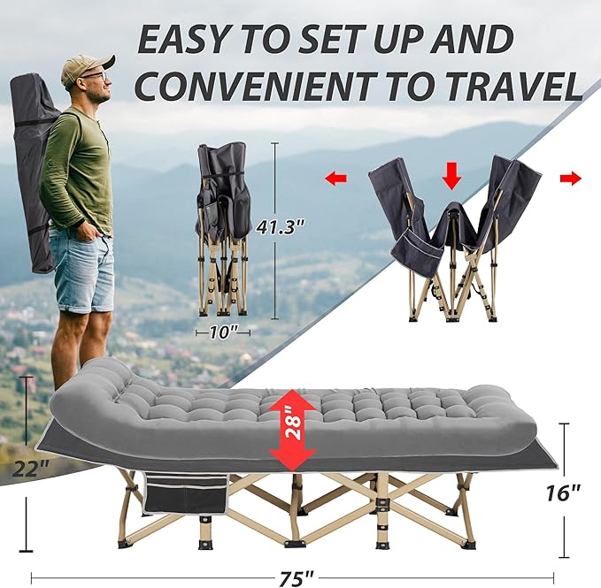 Folding Camping Cot for Sleeping, Portable Cots for Adults, Heavy Duty Cot Bed 550LBS(Max Load), Extra Wider Cots with Large Pocket for Outdoor, Office, Beach