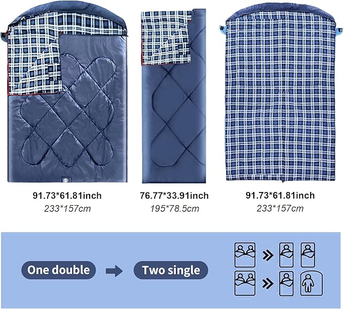 ShinHye Double Sleeping Bag for Adults with 2 Pillows, Camping Sleeping Bags Flannel Cotton 2 Person Sleeping Bags XXL Queen Size Sleeping Bag for Cold Weather