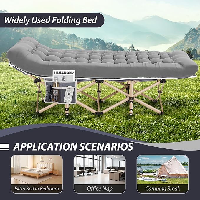 Folding Camping Cot for Sleeping, Portable Cots for Adults, Heavy Duty Cot Bed 550LBS(Max Load), Extra Wider Cots with Large Pocket for Outdoor, Office, Beach