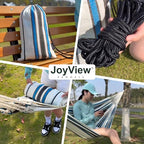 JoyView Brazilian Double Hammock with Hanging Ropes Extra Large 86.6x59” Portable Cotton Hammock for Patio Backyard Porch 450LBS Weight Capacity Perfect for Outdoor/Indoor - Green/Black Stripe