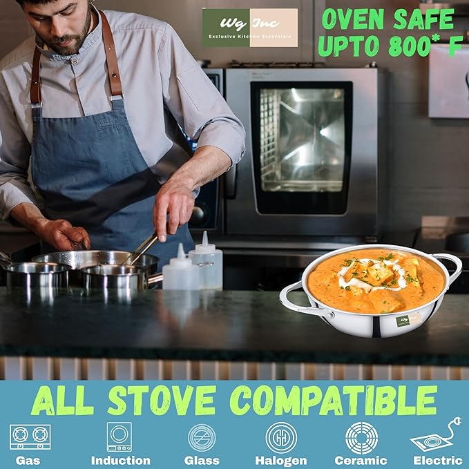 Stainless Steel Wok, Tri-Ply Pan for Stir-Frying, 9.5 Inch Steel Kadhai without Lid, All Clad Cookware For Stews, Sauces, Soups, Saute, Induction Friendly Wok Pan (2.5 Qt / 2.35 Litres)
