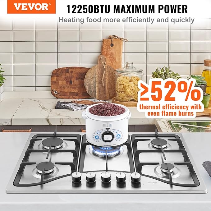 VEVOR 30-inch Gas Cooktop, 5 Burners Built-in Gas Stove Top, Max 12250BTU NG/LPG Convertible Stainless Steel Cooktops, with Thermocouple Protection for Camping, RV, Apartment