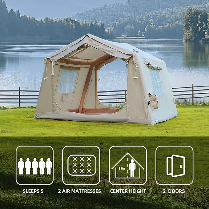 KEIKI Oxford Hot Tent for Camping, 2/3/4/6/8 Person Large Inflatable Tents w/Detachable Canopy, 4 Season Waterproof Tent for Hike Backpacking, Stove Jack AC Port, Mesh Doors Windows, Pump, Easy Setup