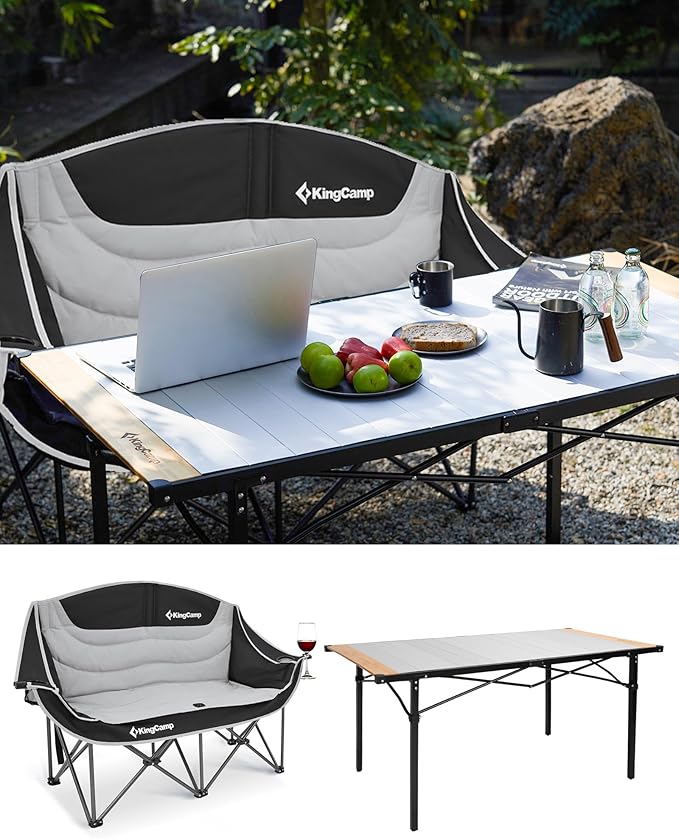 KingCamp Double Camping Chair Folding Camping Table, Aluminum Roll-Up Camp Table