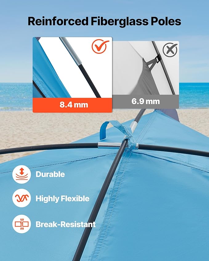 VEVOR Beach Tent Sun Shelter for 4 Person, UPF 50+ Protection, Portable Sun Shade Beach with Carrying Bag & Sand Pockets, Lightweight and Easy Setup Beach Umbrella for Camping Fishing Outdoor Picnic