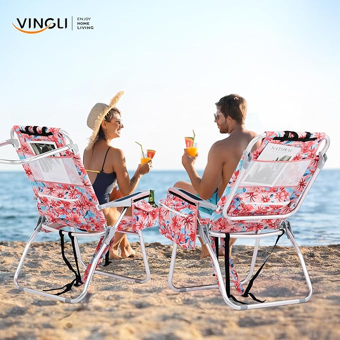 VINGLI Tall Beach Chair 2 Pack Lightweight, Backpack Beach Chair for Adults with 5-Position, Cooler Bag, Cup Holders, Towel Bar, Lightweight Folding Beach Camping Chairs