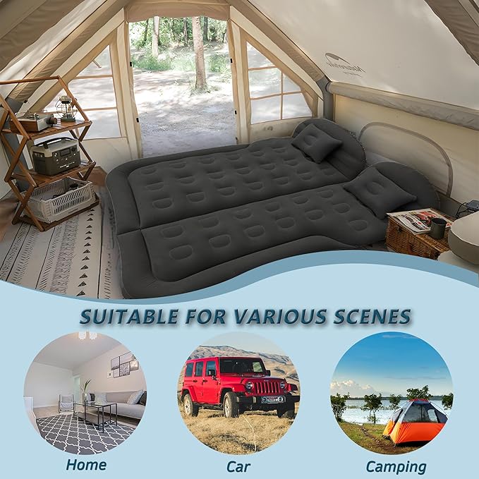 SUV Air Mattress for Camping, Air Mattress for Car Compatible with SUV, Camping Bed with Pump, Inflatable Sleeping Pad for Car Backseat, Truck Travel Bed for Road Trip (Black)