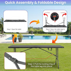 FDW 6FT Folding Table, Portable Fold-in-Half Plastic Picnic Party Table with Carrying Handle （Black, 6FT）