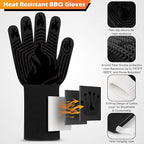 BBQ Gloves, 1472°F Heat Resistant Gloves Fireproof Mitts, Grilling Gloves Silicone Non-Slip Washable Oven Glove, Kitchen Glove for Barbecue, Grilling, Cooking, Baking, Camping, Smoker (Black)