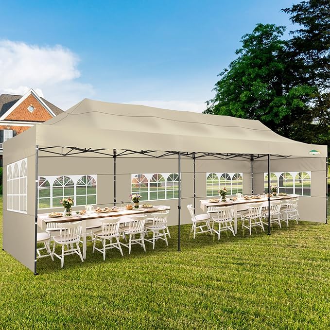 COBIZI 10x30 Heavy Duty Pop up Canopy with 8 sidewalls Party Tent for Parties Weddings Events UPF 50+ Waterproof Commercial Gazebo with Roller Bag, Khaki(Frame Thickened)