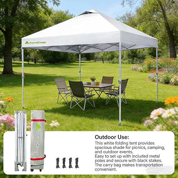 Anytee-10x10 Pop Up Canopy Tent, Easy Up Waterproof Outdoor Canopy with Wheeled Bag, Sun Shade for Patio, Backyard, Parties, Camping-White
