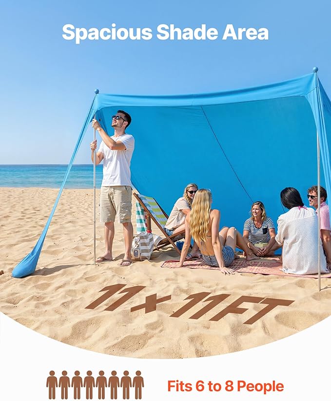VEVOR Beach Tent Sun Shelter, UPF50+ Sun Protection, 6.6 ft Tall, 11 x 11 ft, Easy Pop Up Beach Canopy with Sandbags, Stability Poles, Sand Shovels, Portable Shade for Family Outings, Camping, Fishing