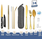 Stainless Steel Travel Utensil Set with Case - Portable Flatware Cutlery, Chopsticks, Straw - Gold