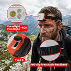 SUNREI 700 Lumens Rechargeable Headlamp with RGB Light, Motion Sensor, Stepless Dimming, IPX6 Waterproof, 2200mAh Battery, 5700K, Spot/Flood/Combo Beam, Red Flash, Type-C Lightweight Headlight
