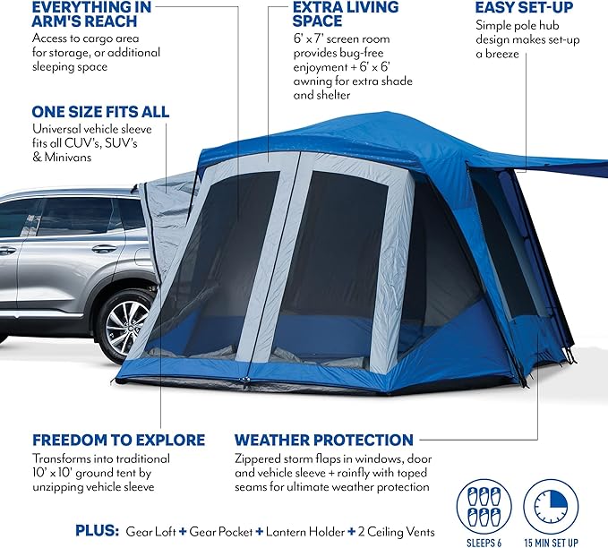 Napier Sportz SUV Tent with Screen Room | 10'x10' Car Camping Tent with 7'x6' Screen Room and Awning | Fits All CUVs, SUVs, Minivans | Sleeps 6 Adults | Blue/Gray | Model 84000