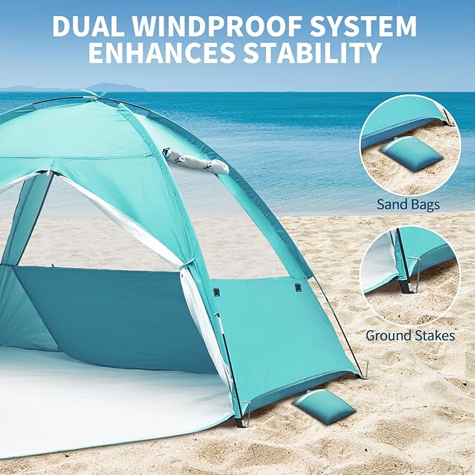 COVACURE 2026 New Upgraded Beach Tent Sun Shelter - UPF 50+ UV Protection Beach Shade for 3-4 Person, Waterproof & Lightweight, Easy Setup Portable Sun Canopy for Camping, Fishing, Beach (Green)