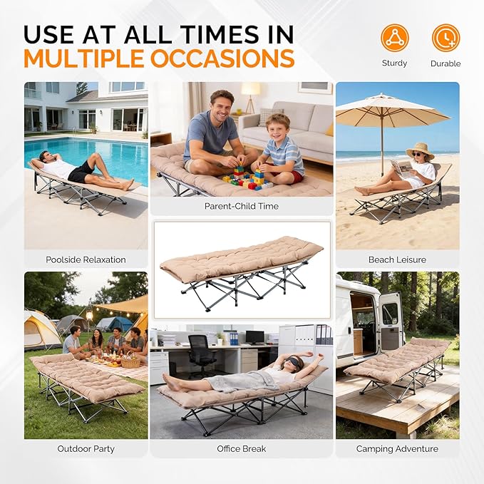 VINGLI Folding Camping Cot Bed,Camping Cots for Adults with Mattress, Foldable Cots for Sleeping with Pillow 1200D Layer Oxford for for Guest,Travel,Hiking-Brown 1P