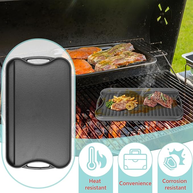 2 in 1 Reversible Cast Iron Griddle for Gas Grill, Flat Top Grill Pan for Gas Stove, Pre-Seasoned Oven Top pan,Upgrade Double Burner Griddle for Indoor & Outdoor Cooking Accessories, 17" X 10"