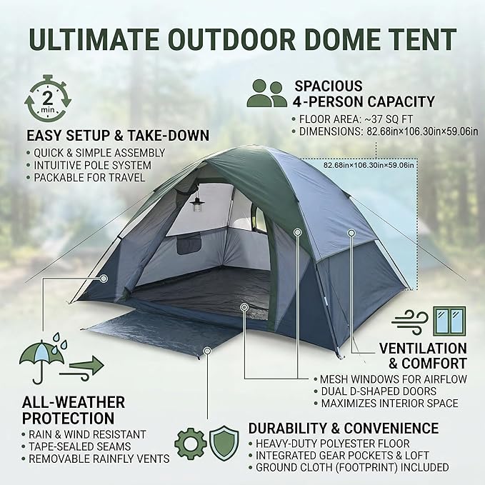 XL 4 Person Dome Camping Tent, Double Layer Waterproof, Removable Rain Fly, for Outdoor Hiking, Fishing