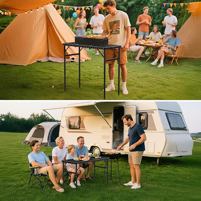 GARLLEN Folding Grill Table, 3-Height Adjustable Lightweight Grill Table with Heat-Resistant Tabletop, Portable Aluminum Camping Table for BBQ, Picnic, Cooking, 35.4" L x 15.7" W, Threaded Install