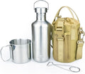 Canteen 42oz Single Wall Water Bottle with 24oz Nested Camping Cup and Carrier Bag, Water Canteen, Bushcraft Gear, Survival Kit, Self Reliance, 304 Stainless Steel - Khaki