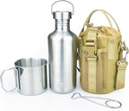 Canteen 42oz Single Wall Water Bottle with 24oz Nested Camping Cup and Carrier Bag, Water Canteen, Bushcraft Gear, Survival Kit, Self Reliance, 304 Stainless Steel - Khaki