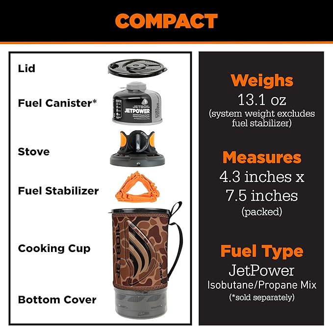 Jetboil Flash Portable Fast Boil Stove for Camping and Backpacking with 1-Step Auto Ignition, Propane/Isobutane Burner with Cooking Cup