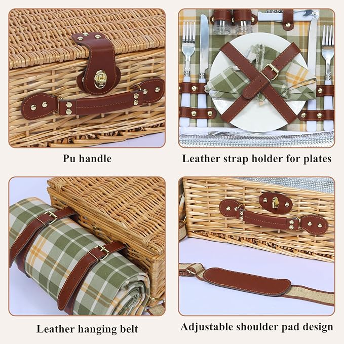 Picnic Basket for 2 with Blanket, Willow Picnic Basket Set with Shoulder Strap&Wine Pouch, Large Willow Hamper with Insulated Cooler for Outdoor, Camping, Beach, Couples, Wedding Gift