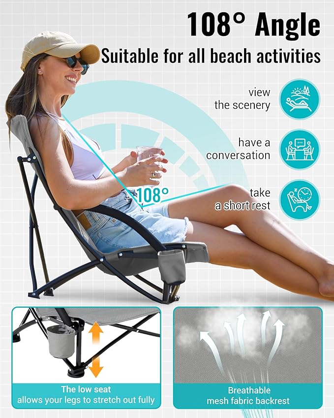 KingCamp Low Beach Chairs, Folding Portable Chair for Adults Lightweight Extra Wide Seat 300lbs Heavy Duty Oversized Backpack, Carry Bag for Camping