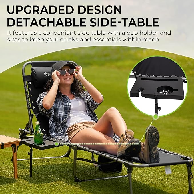 FUNDANGO Folding Chaise Lounge Chair with Soft Pad & Side Table for Outside, Patio, Beach, Sunbathing, Adjustable 5 Position Portable Camping Reclining Chair with Pillow