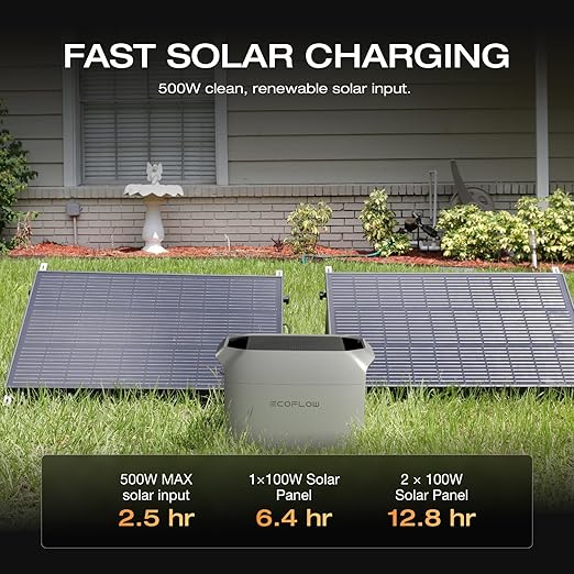 EF ECOFLOW Solar Generator DELTA 3 Classic with 2PCS 100W 12V Solar Panels, 1024Wh LiFePO4 Battery Portable Power Station, 1800W AC/100W USB-C Output (3600W Surge), 1 Hr Fast Charge for Home, Camping