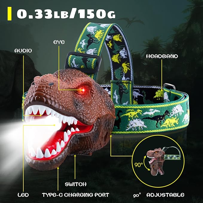 Dysaim Kids Headlamp, Dinosaur LED Rechargeable Headlamp for Kids Flashlight Outdoor Camping Essentials Gear, Dinosaur Toys Headlight for Boys Girls/Adults, Ideal Gift Toys for Birthday Rave Party