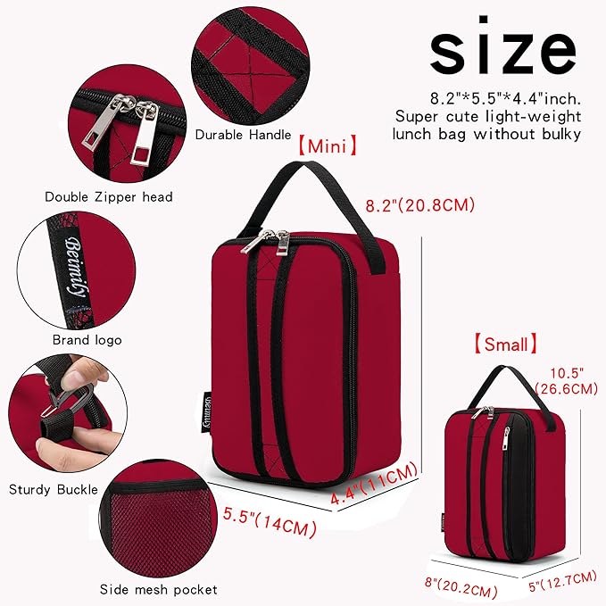 BEIMILY Lunch Box for Men Women Adults,Mini Insulated Lunch Bag for Office Work Picnic,Reusable Portable Lunchbox,Soft Cooler Tote Bag,6 can cooler bag,Mini,Red