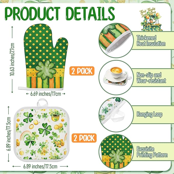 8 Pcs St Patrick Day Kitchen Decor Set 4 Four Leaf Clover Dish Towel 2 Pot Holder 2 Oven Mitt Tent for Car Irish Hat Kitchen Accessories Rv Campers Home Decorations