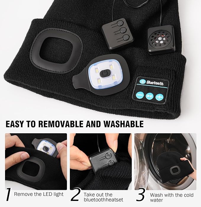Wmcaps Stocking Cap Stuffers Bluetooth Beanie with A Light, 2-Pack Flashlight Headlamp Winter Hat Gifts for Men Women Dad Him